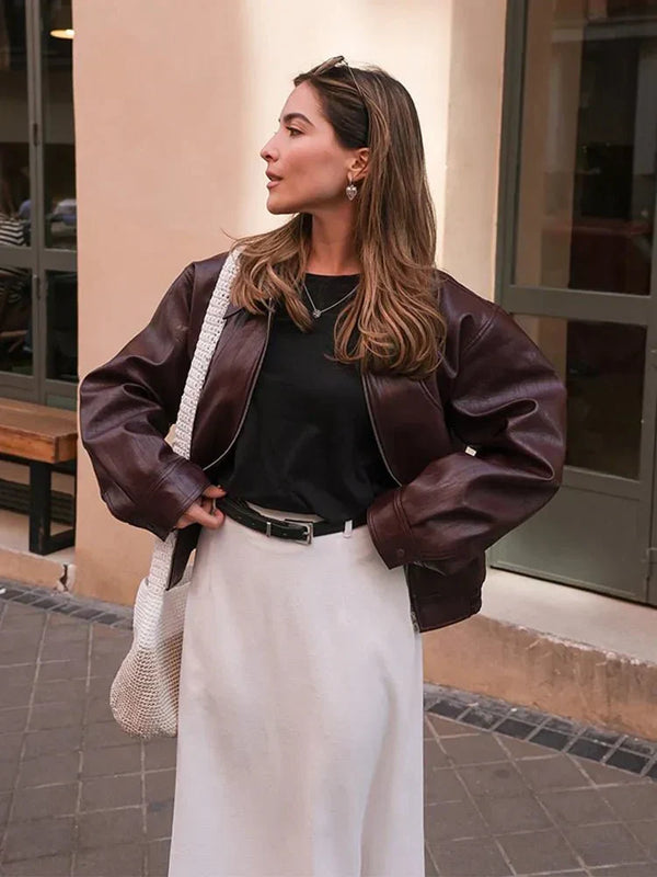 Chaqueta bomber corta para mujer de cuero sintético