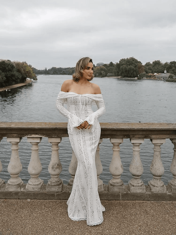 Vestido largo bohemio de encaje con hombros descubiertos para mujer