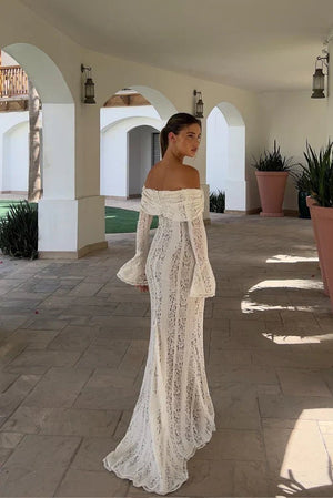 Vestido largo bohemio de encaje con hombros descubiertos para mujer