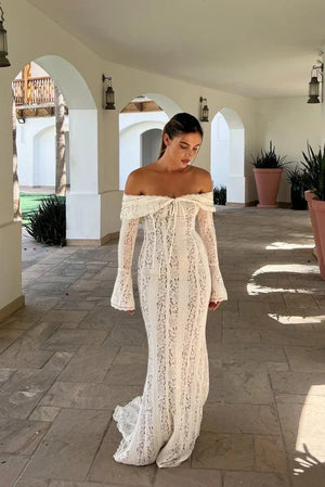 Vestido largo bohemio de encaje con hombros descubiertos para mujer