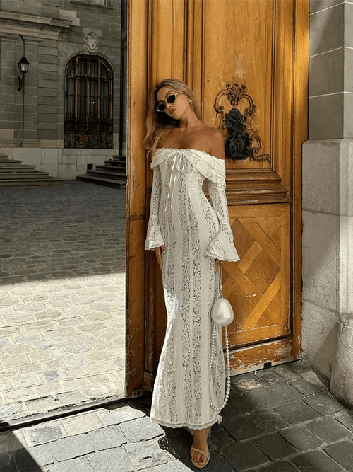 Vestido largo bohemio de encaje con hombros descubiertos para mujer