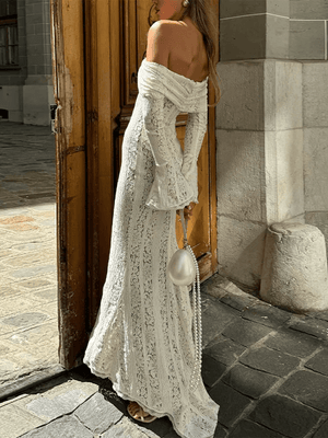 Vestido largo bohemio de encaje con hombros descubiertos para mujer