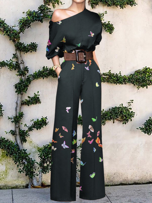 Mono para mujer con pierna ancha y estampado, de un solo hombro  