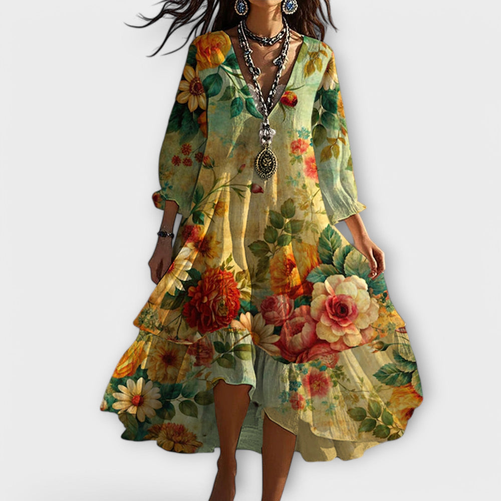 Women’s Boho Floral Flowing V-Neck Maxi Dress