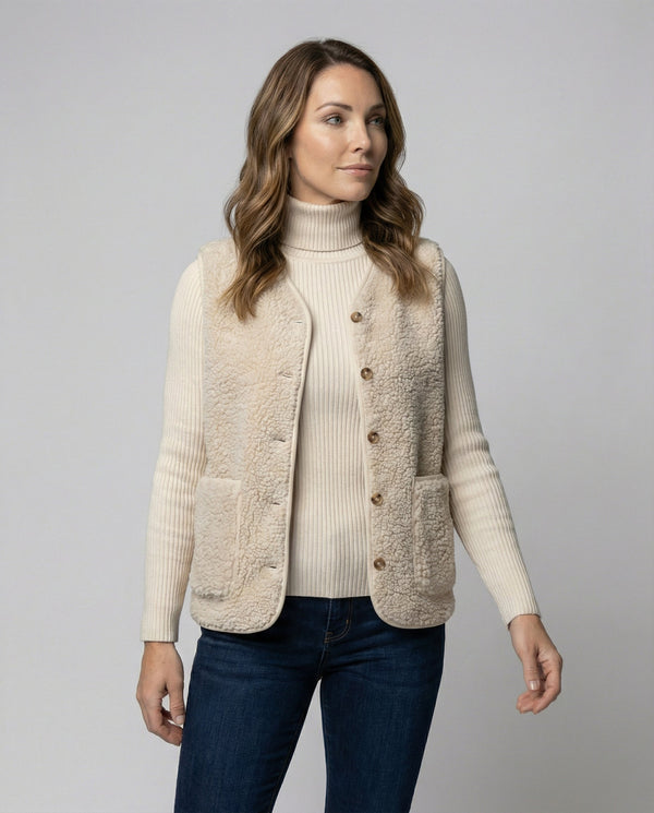 Women's Cosy Teddy Fleece Button-Front Vest with Front Pocket