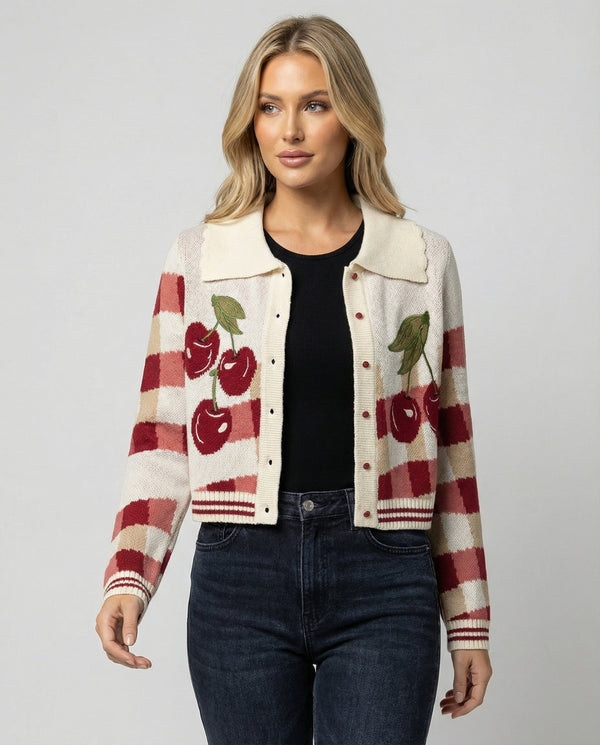 Women's Cherry Print Button-Front Cropped Cardigan