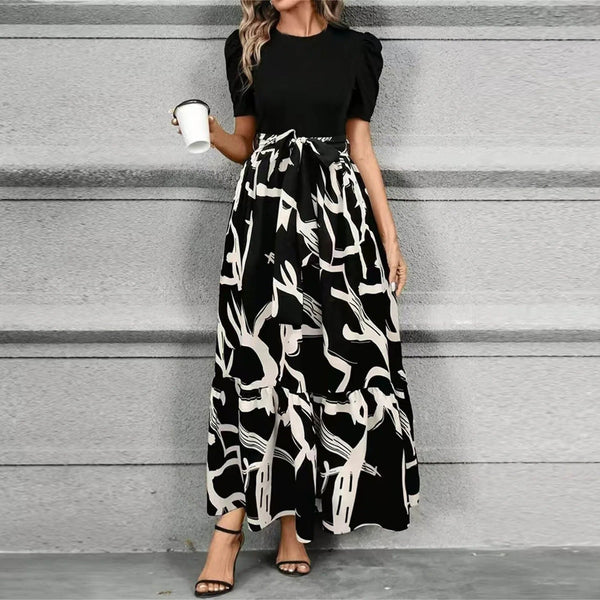 Women’s Floral Print Maxi Dress with Contrast Knit Bodice