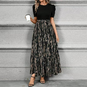 Women’s Floral Print Maxi Dress with Contrast Knit Bodice