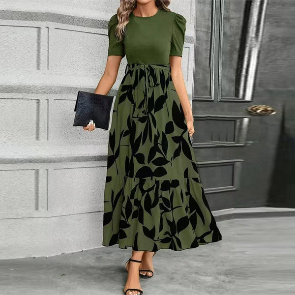 Women’s Floral Print Maxi Dress with Contrast Knit Bodice