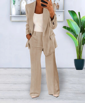 Women's Tailored Blazer and Wide-Leg Pants Suit Set