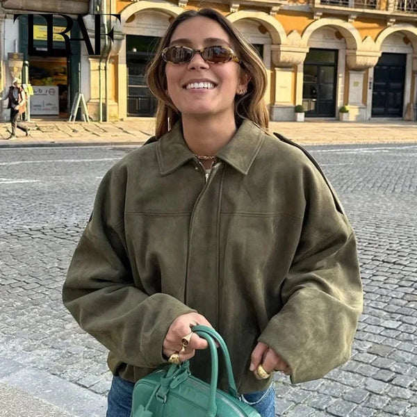 Chaqueta bomber oversize con aspecto de ante para mujer