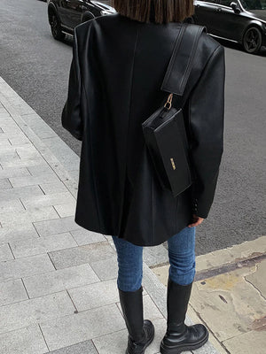 Oversized Faux Leather Blazer Jacket for Women
