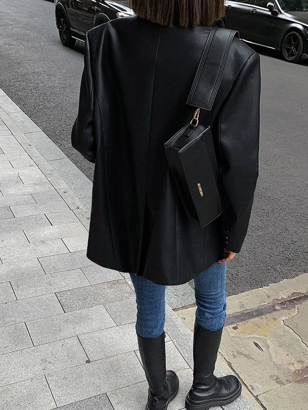 Oversized Faux Leather Blazer Jacket for Women