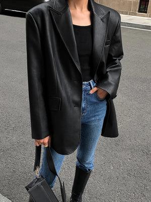 Oversized Faux Leather Blazer Jacket for Women