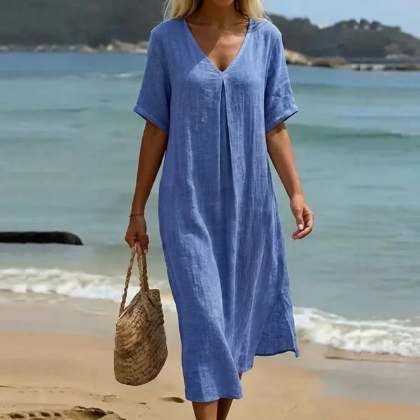 Vestido midi informal holgado para mujer con escote en V