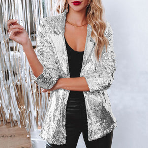 Blazer de lentejuelas para mujer con abertura frontal para un estilo glamuroso