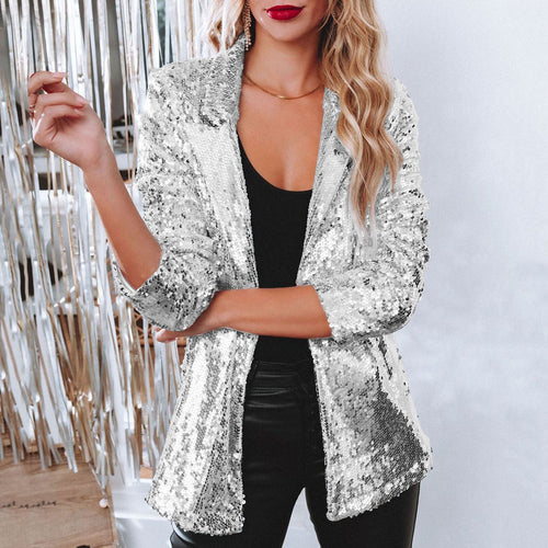Blazer de lentejuelas para mujer con abertura frontal para un estilo glamuroso
