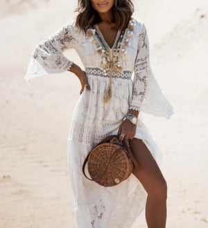 Women's Bohemian Lace Maxi Dress with V-Neck