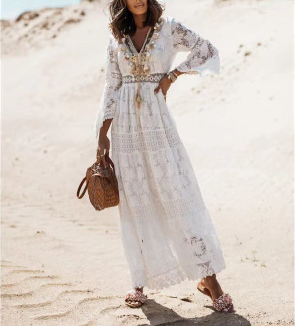 Women's Bohemian Lace Maxi Dress with V-Neck