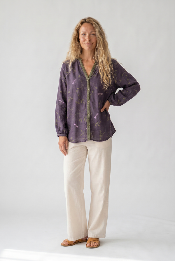 Women's Vintage Floral Print Blouse with V-Neckline Bohemian Fit