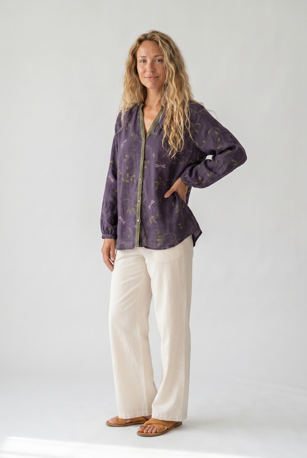 Women's Vintage Floral Print Blouse with V-Neckline Bohemian Fit