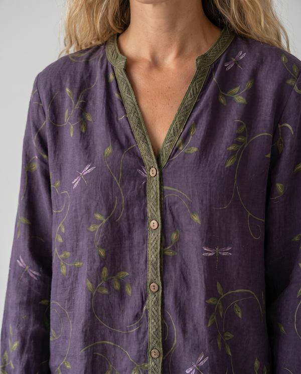 Women's Vintage Floral Print Blouse with V-Neckline Bohemian Fit