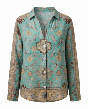 Women's Vintage Floral Print Blouse with V-Neckline Bohemian Fit