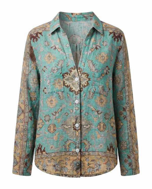 Women's Vintage Floral Print Blouse with V-Neckline Bohemian Fit