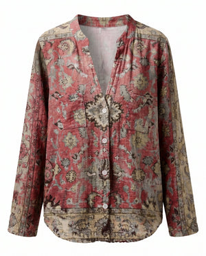 Women's Vintage Floral Print Blouse with V-Neckline Bohemian Fit