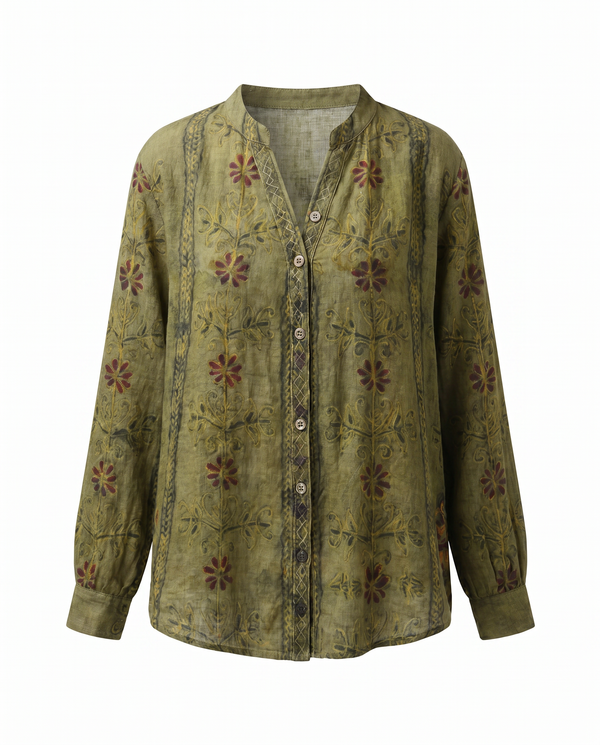 Women's Vintage Floral Print Blouse with V-Neckline Bohemian Fit