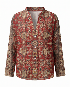 Women's Vintage Floral Print Blouse with V-Neckline Bohemian Fit