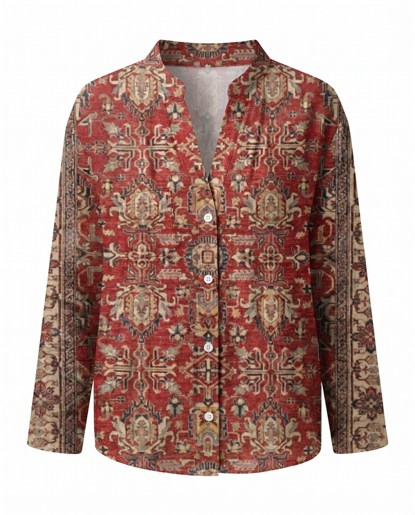 Women's Vintage Floral Print Blouse with V-Neckline Bohemian Fit
