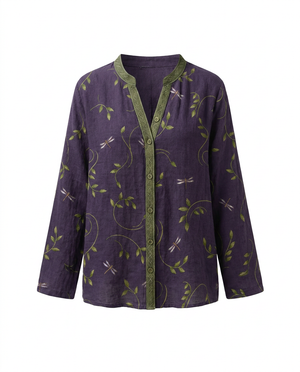 Women's Vintage Floral Print Blouse with V-Neckline Bohemian Fit