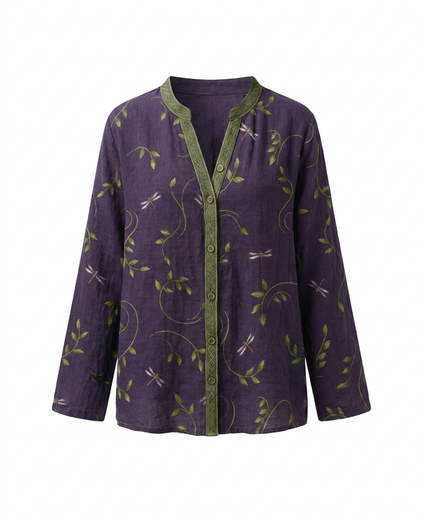 Women's Vintage Floral Print Blouse with V-Neckline Bohemian Fit