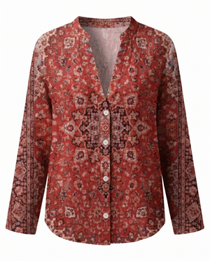 Women's Vintage Floral Print Blouse with V-Neckline Bohemian Fit