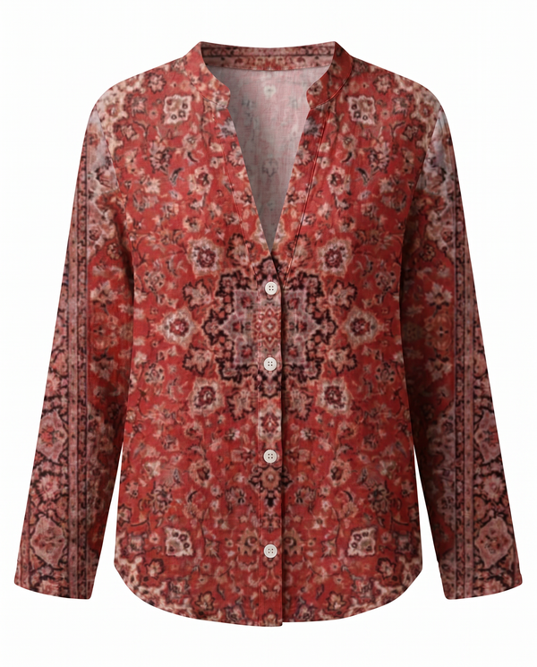 Women's Vintage Floral Print Blouse with V-Neckline Bohemian Fit