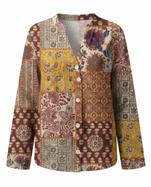 Women's Vintage Floral Print Blouse with V-Neckline Bohemian Fit