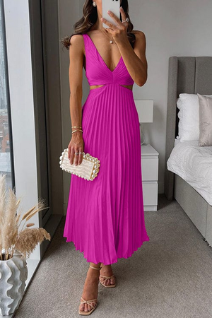 Elegant Women's Pleated V-Neck A-Line Midi Dress