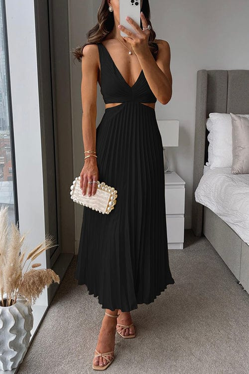 Elegant Women's Pleated V-Neck A-Line Midi Dress