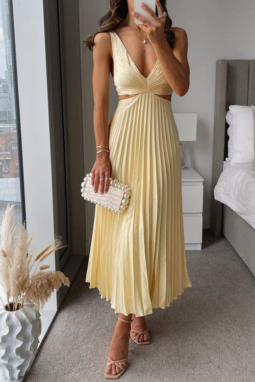 Elegant Women's Pleated V-Neck A-Line Midi Dress