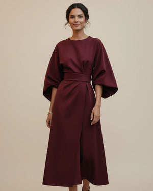 Women’s Belted Midi Dress with Wide 3/4 Sleeves
