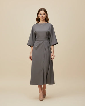 Women’s Belted Midi Dress with Wide 3/4 Sleeves