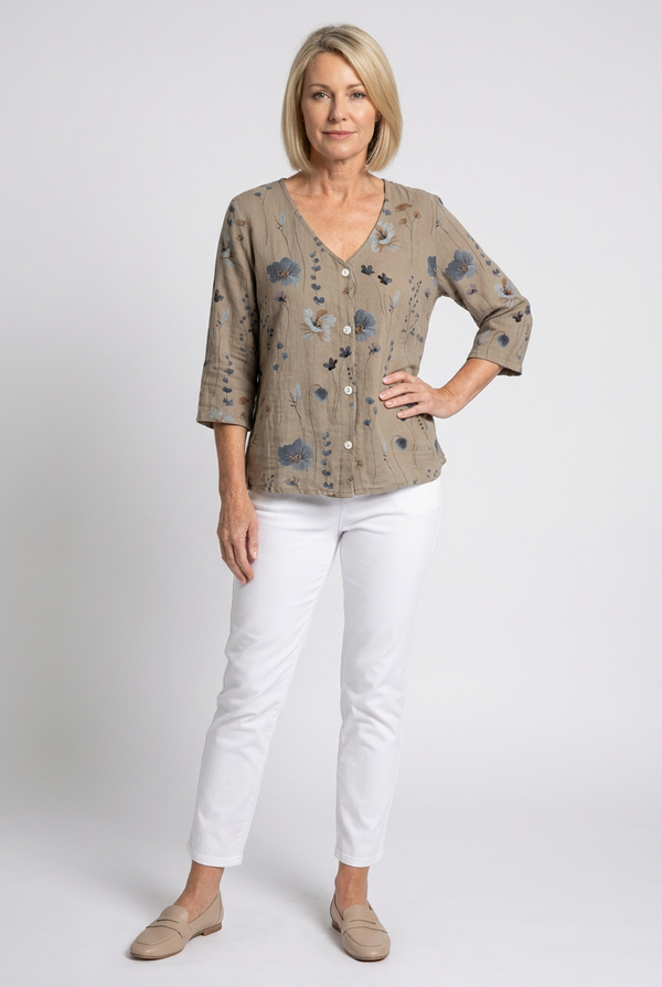 Women's Floral Print V-Neck Blouse with 3/4 Sleeves