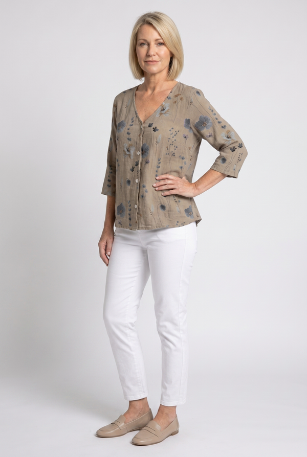 Women's Floral Print V-Neck Blouse with 3/4 Sleeves
