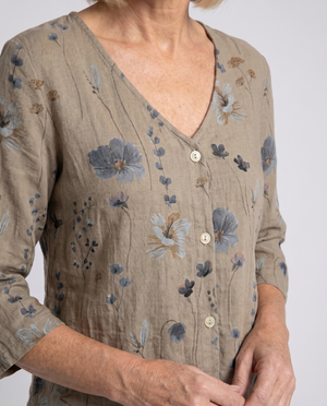 Women's Floral Print V-Neck Blouse with 3/4 Sleeves