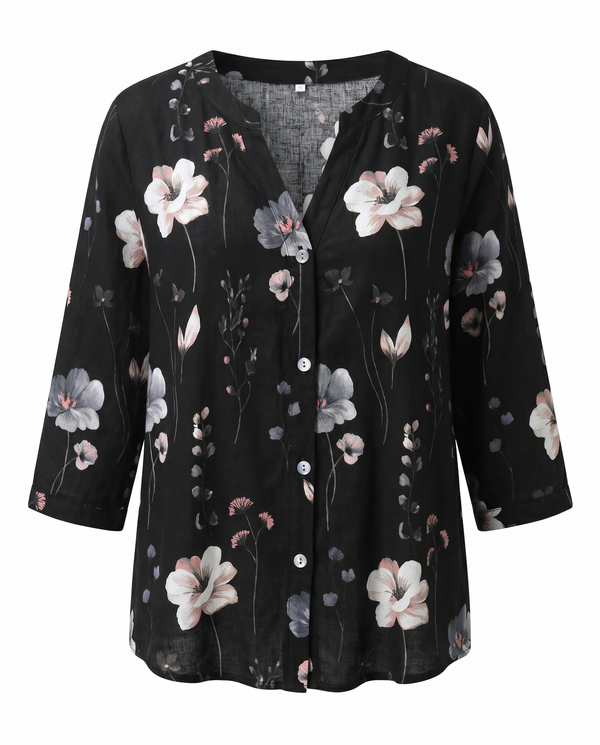 Women's Floral Print V-Neck Blouse with 3/4 Sleeves