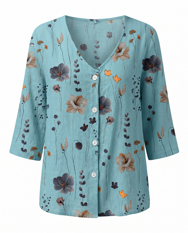 Women's Floral Print V-Neck Blouse with 3/4 Sleeves
