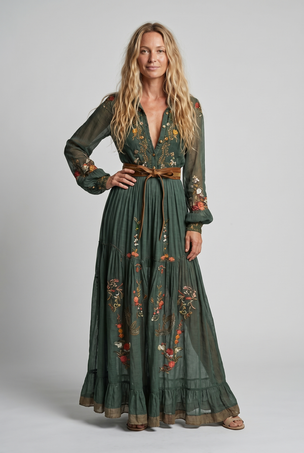 Vestido maxi vintage floral de mujer con mangas transparentes