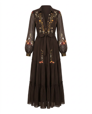 Vestido maxi vintage floral de mujer con mangas transparentes