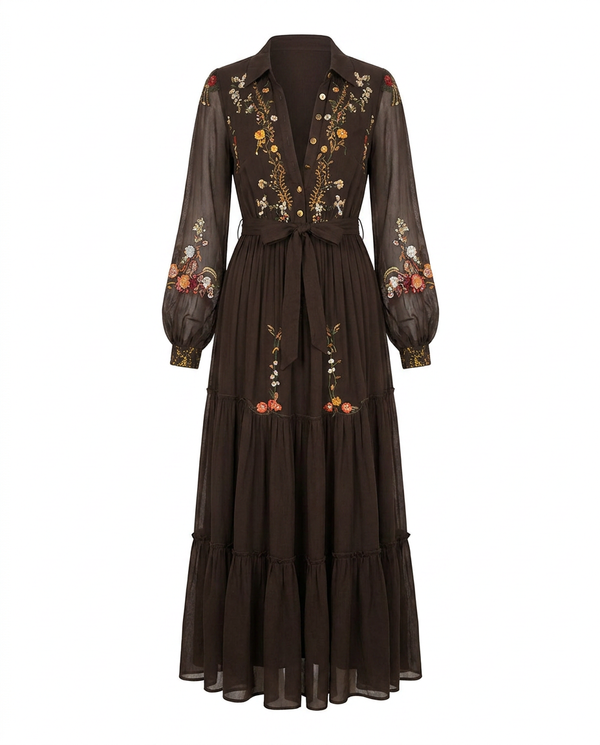 Vestido maxi vintage floral de mujer con mangas transparentes